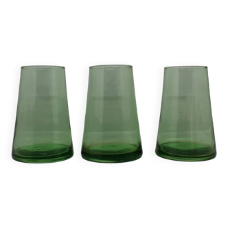 Set of three green water glasses