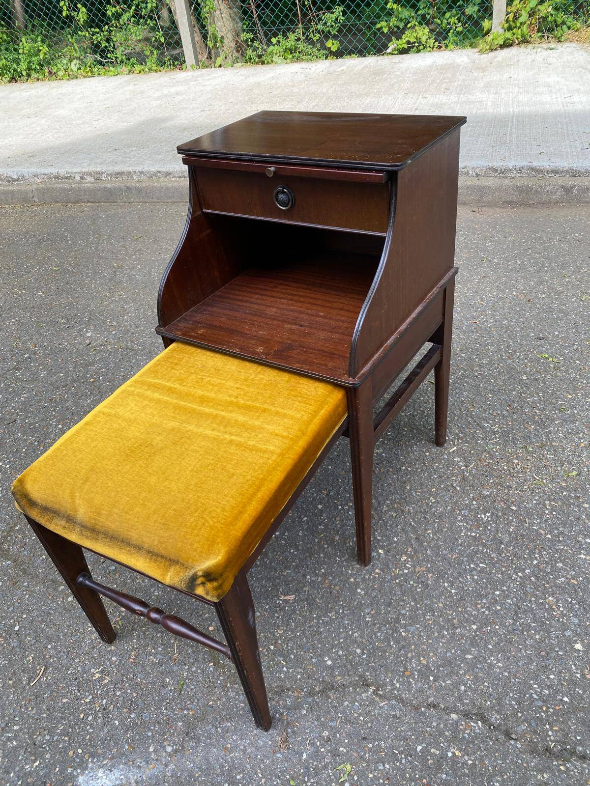 Mahogany bedside table in English style with stool.