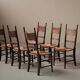 Set of 6 Arts & Crafts chairs, solid wood and straw, circa 1900.