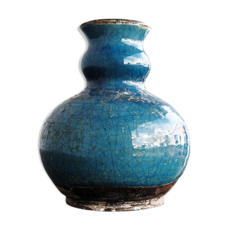 Pot ceramic glazed and cracked blue