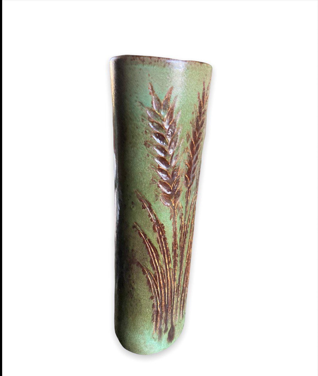 Vase rouleau fond vert midcentury, La Poterie PÉrigourdine