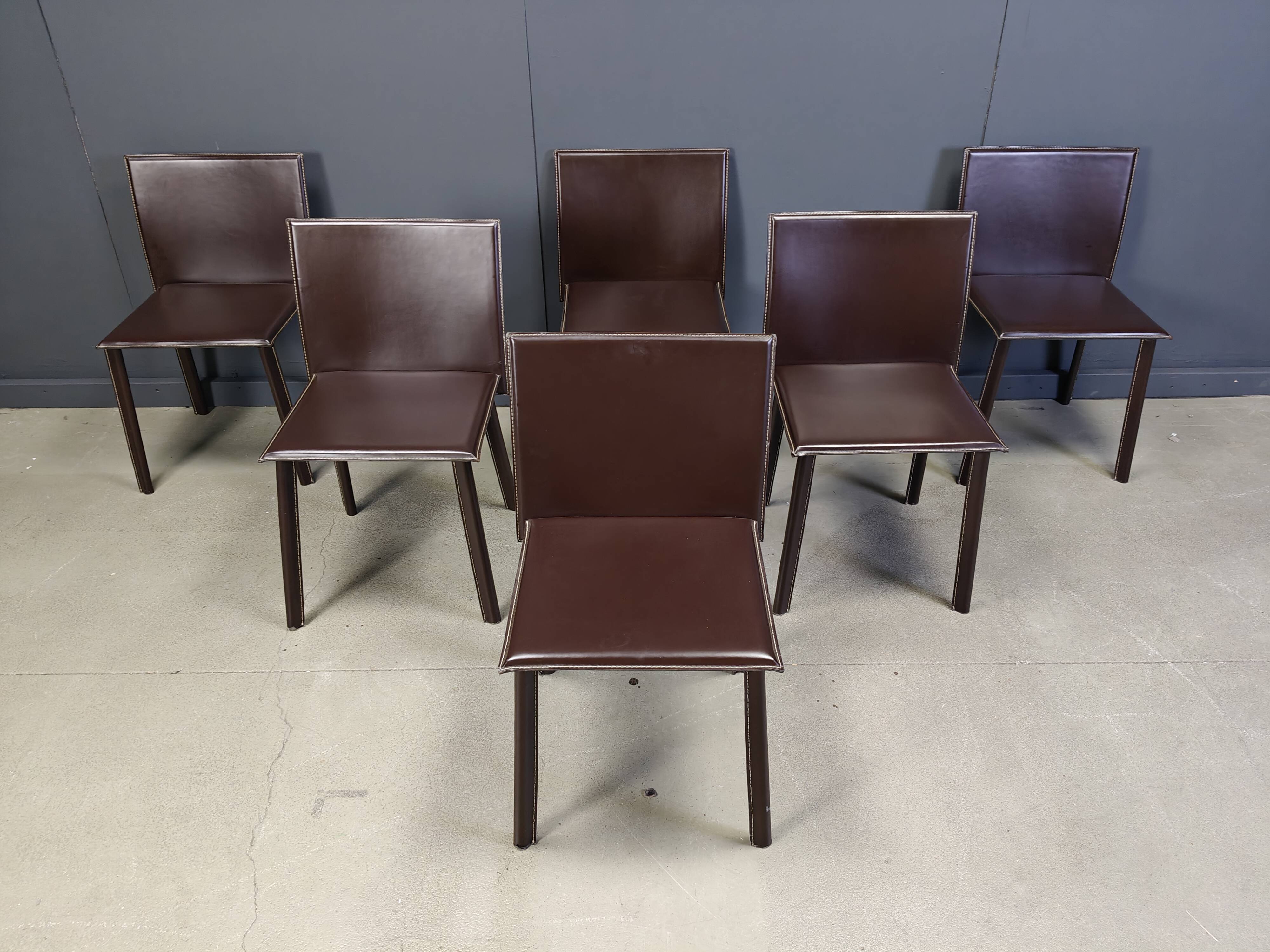Vintage brown leather dining chairs, set of 6, 1980s