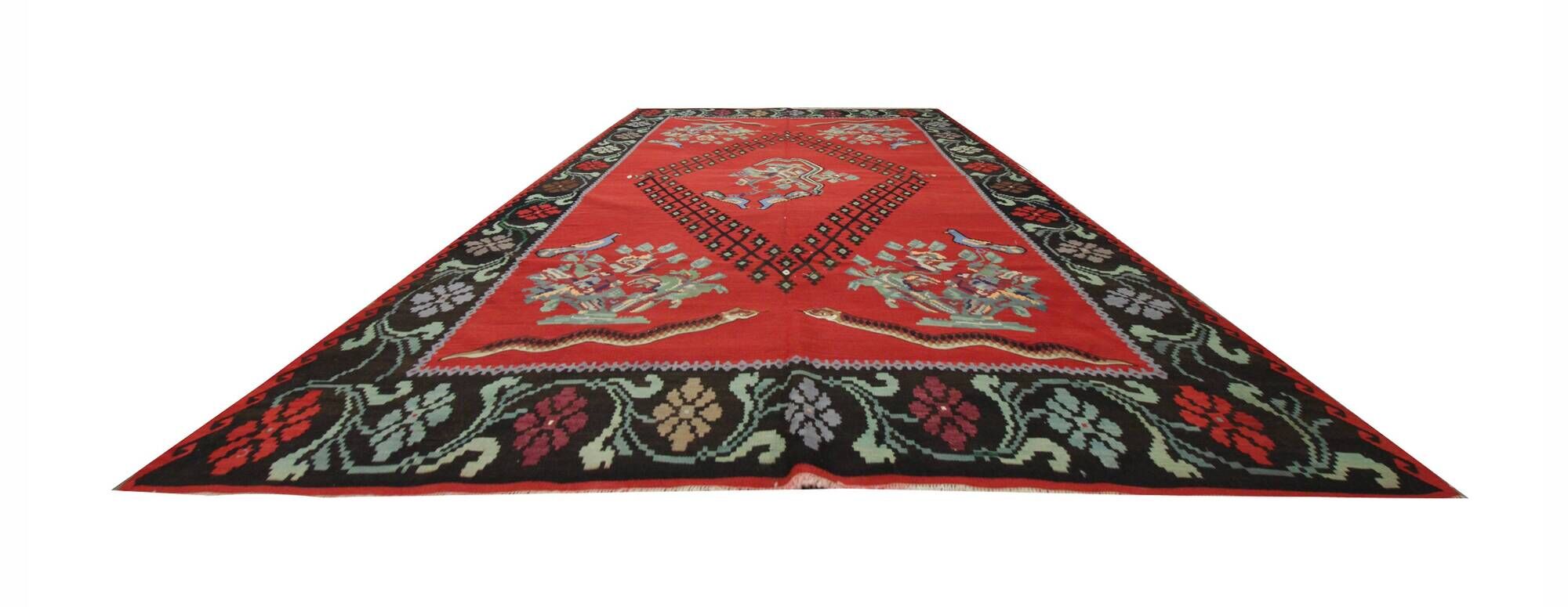 Vintage Red Caucasian Kilim Rug Handwoven Tribal Wool Flatweave Carpet
