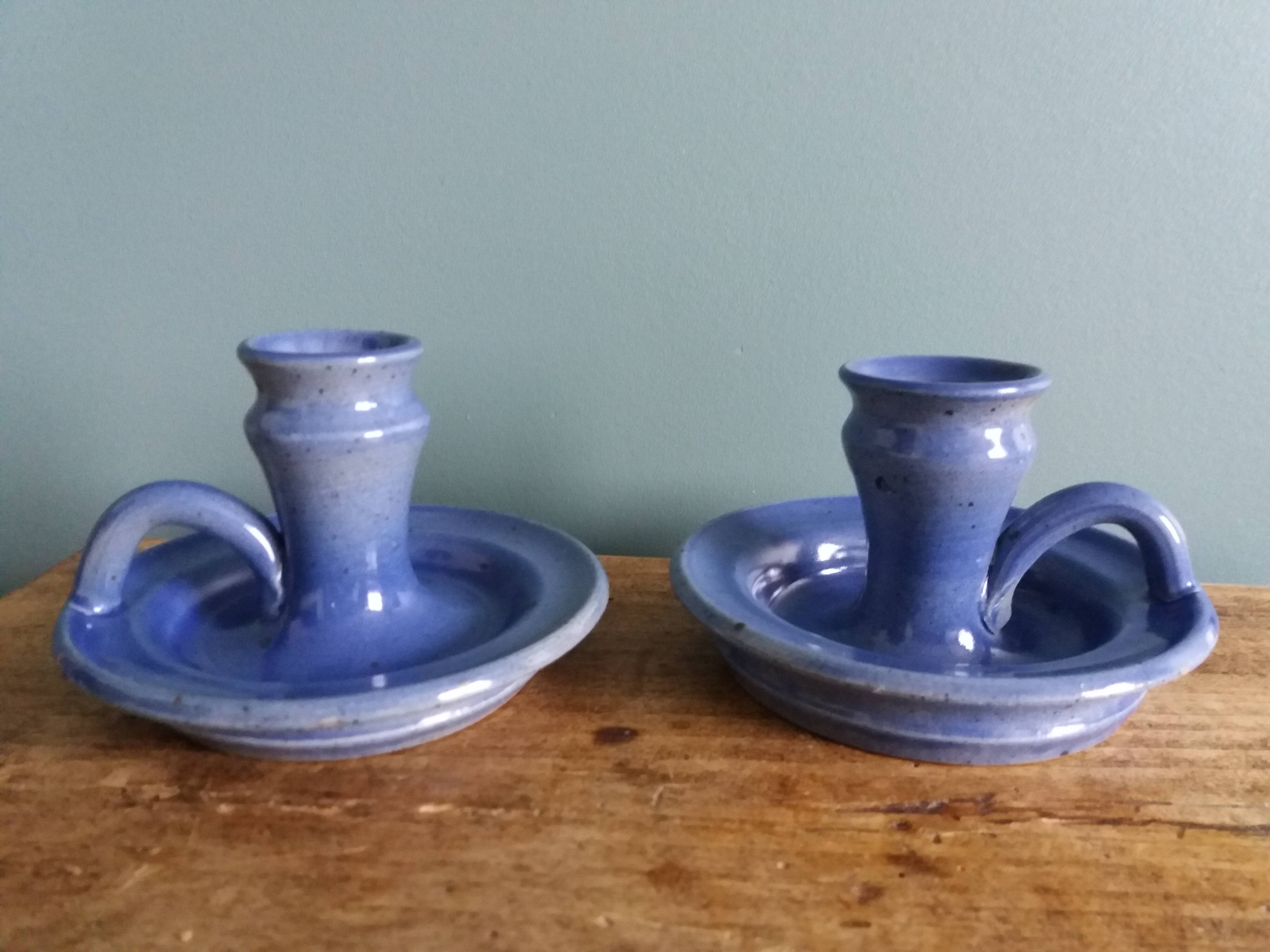 Stoneware candlesticks signed artisanal ceramics