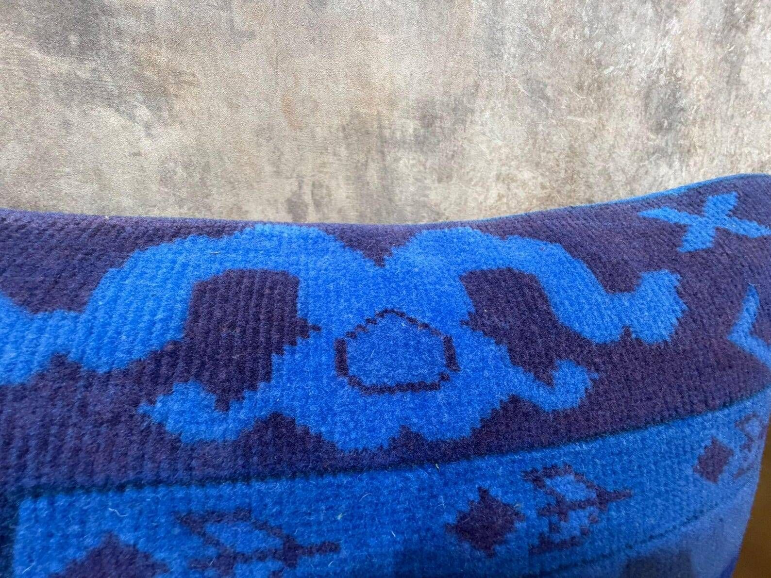 Vintage Turkish Wool Lumbar Pillow, Handmade Blue Geometric Rug Cushion