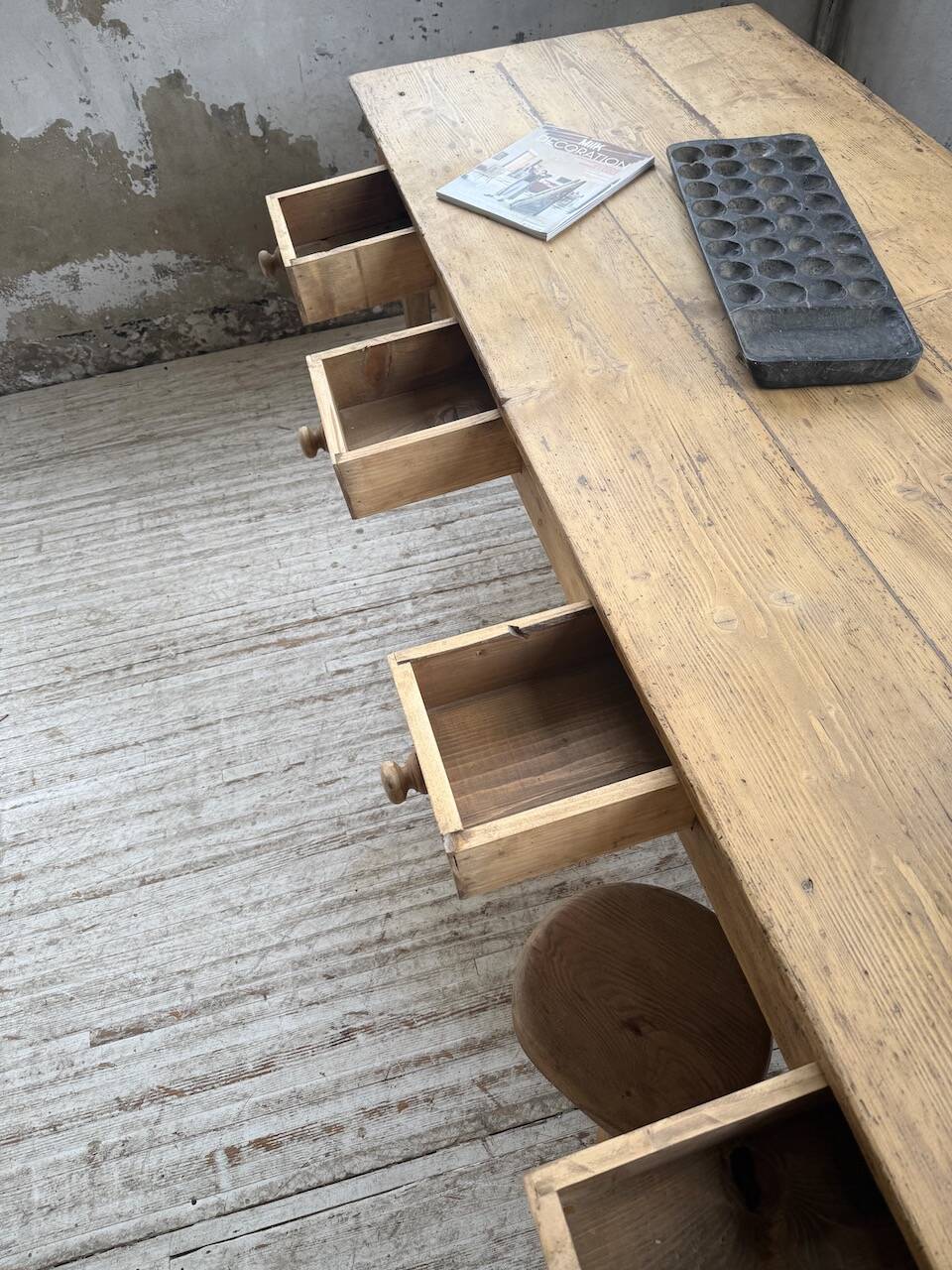 Pine and oak farmhouse table with multiple drawers, communal type, 240cm.