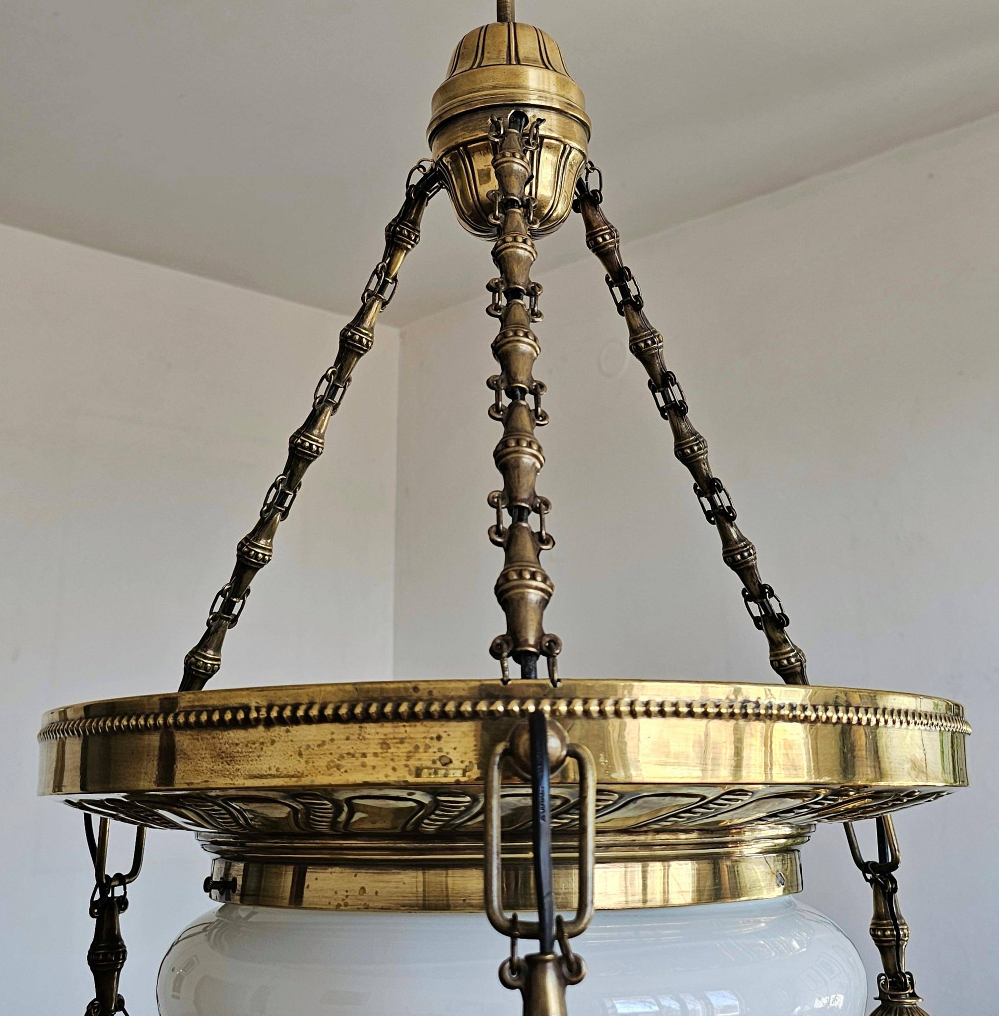 Polished Brass Art Nouveau Chandelier with Opaline Glass Dome