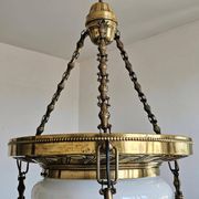 Polished Brass Art Nouveau Chandelier with Opaline Glass Dome