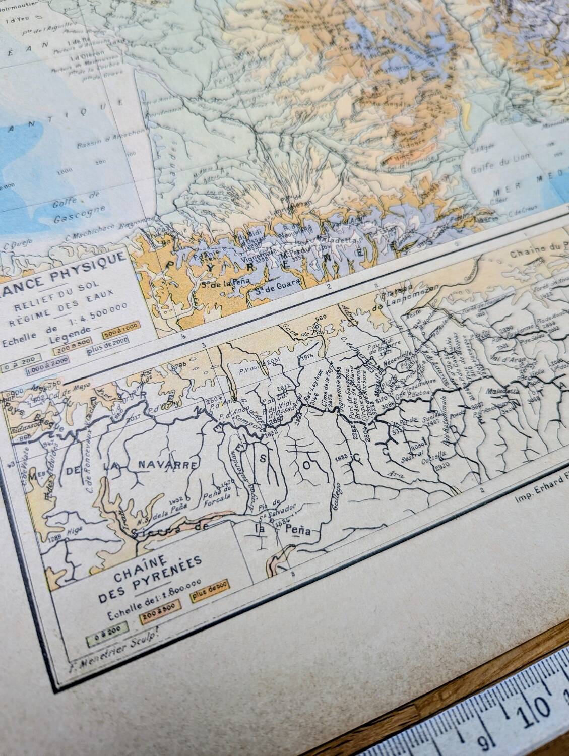 Physical map of France, original printed in 1896