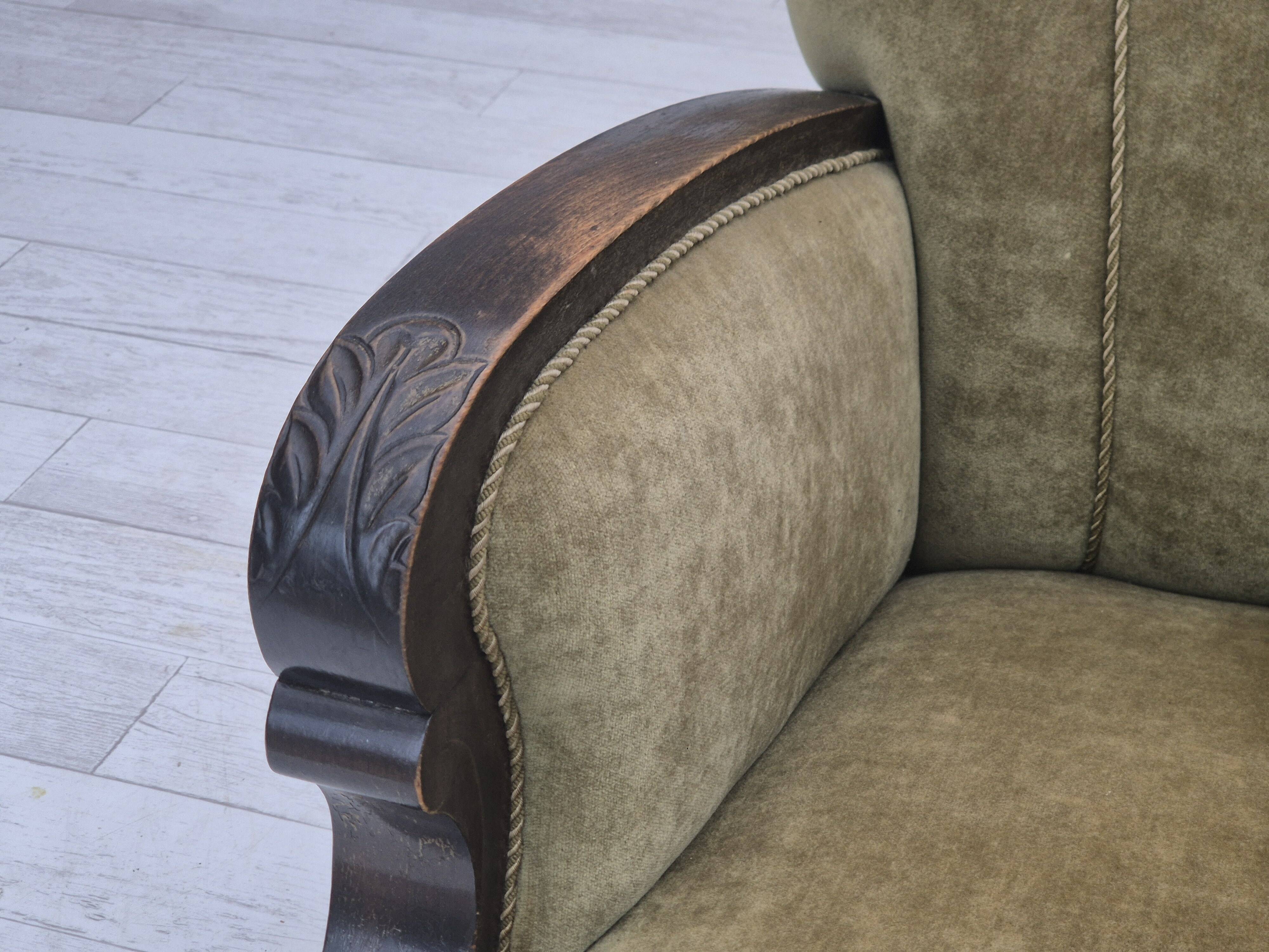 1950s, Danish relax armchair, green furniture velour, beech wood.