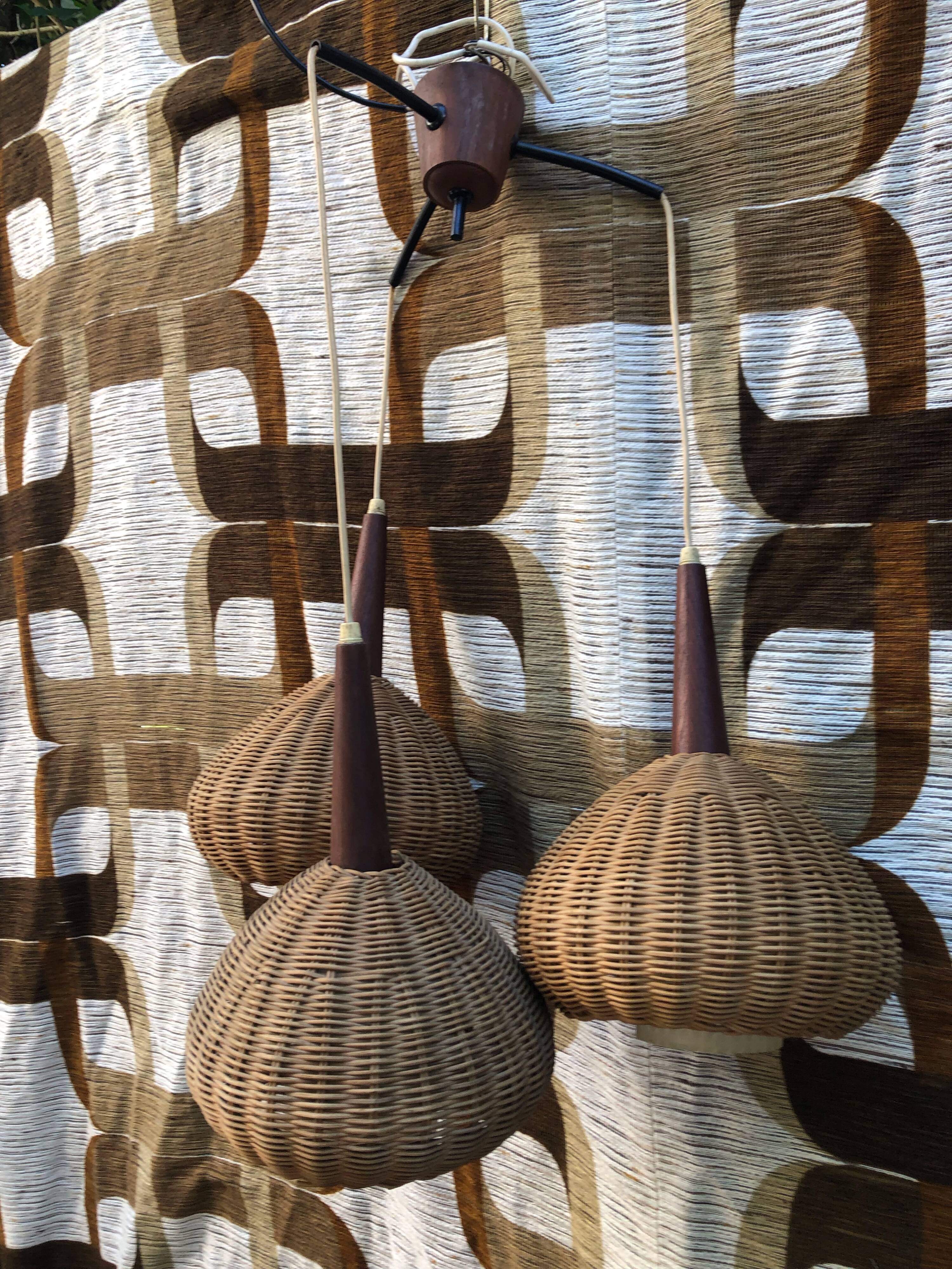 Suspension 3 arms rattan and teak vintage 60s