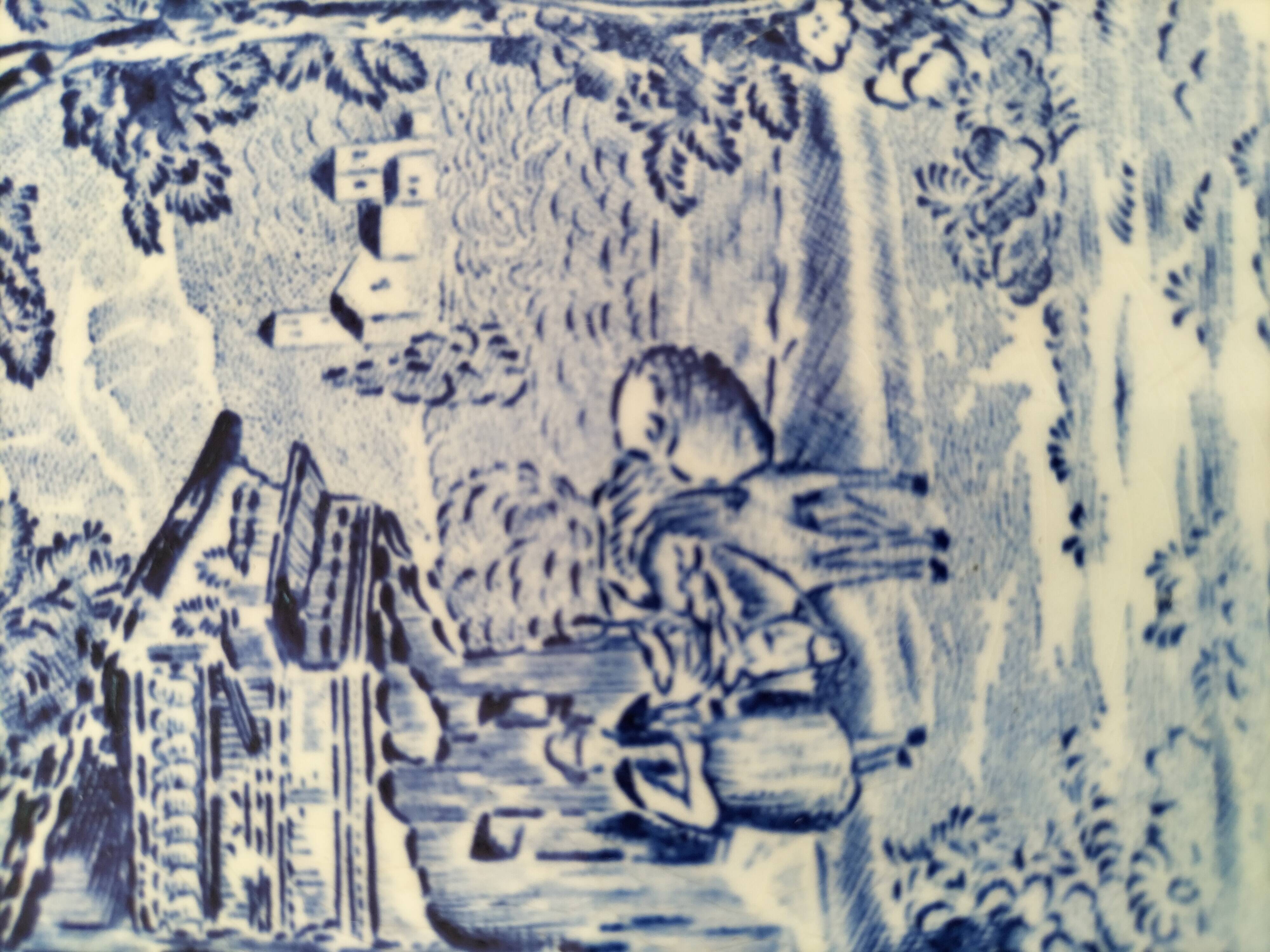 Pastoral blue decor dish, Lunéville earthenware, KG high-fire decor