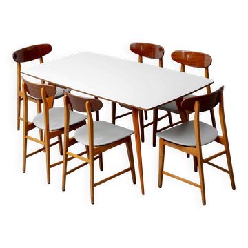 Vintage dining table set with 6 wooden chairs from the 1960s modernism