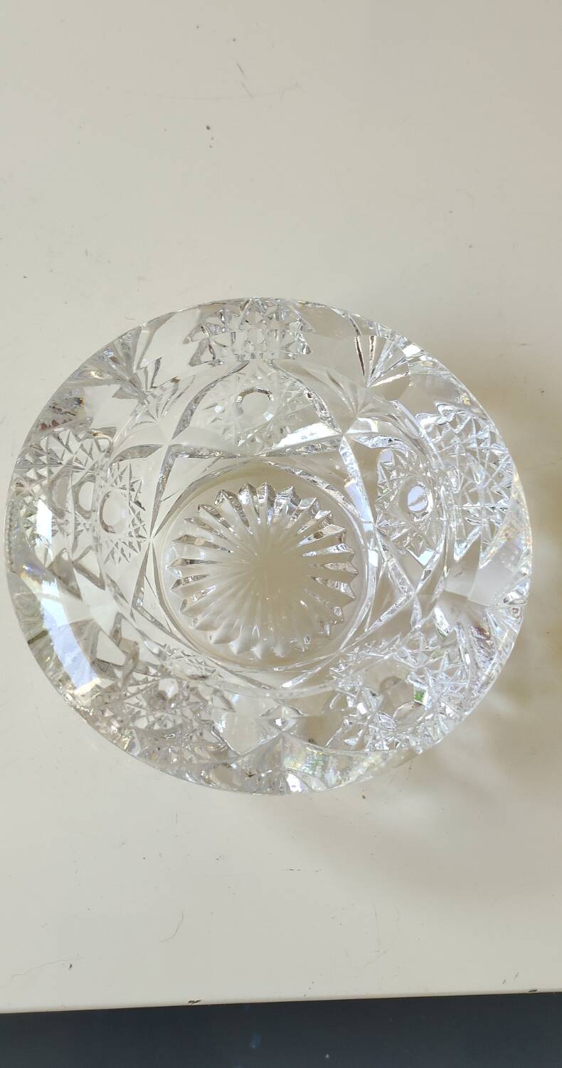 Bohemian cut crystal ashtray/pocket tray. Star/cross-hatched motifs.