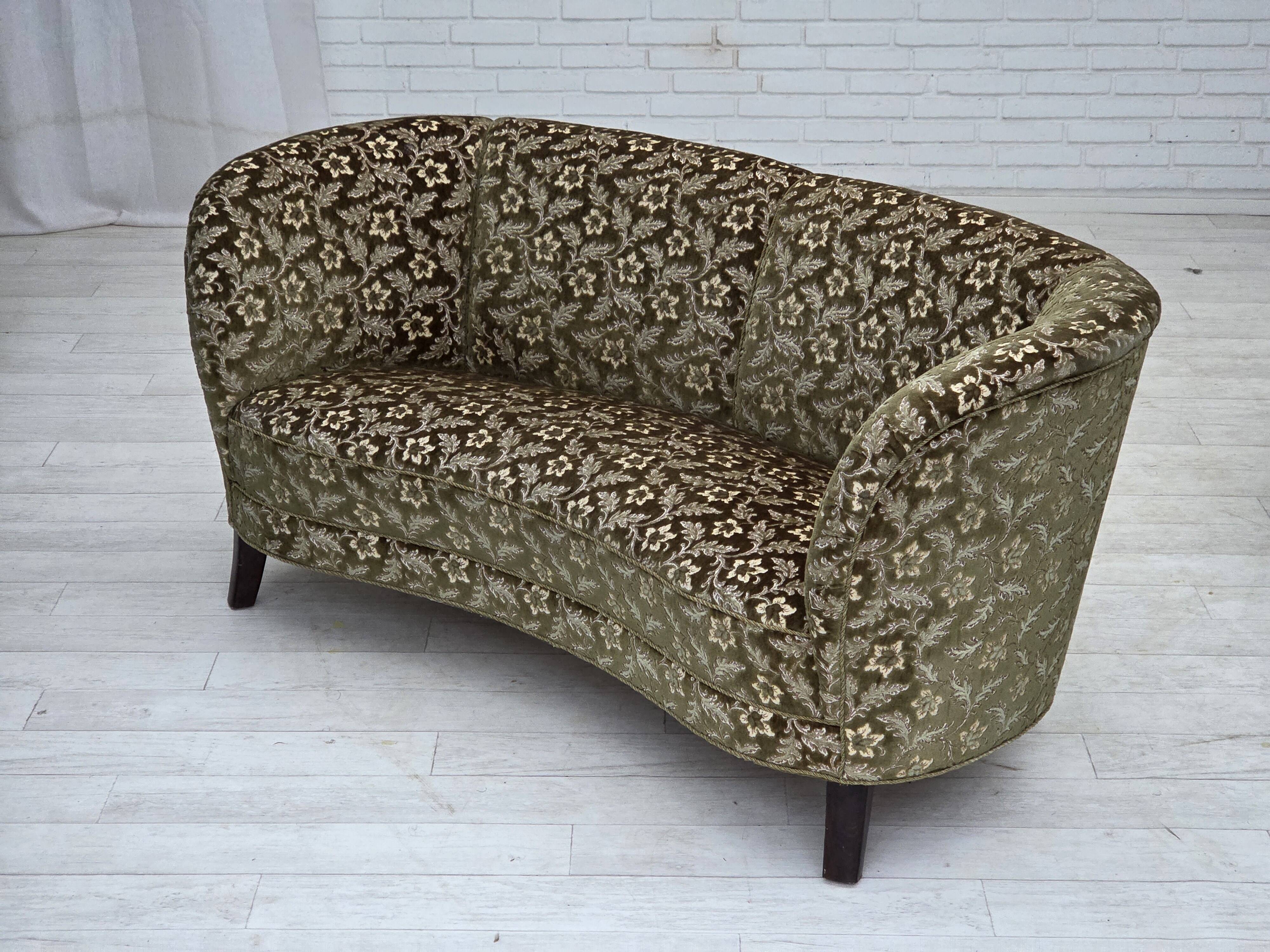 1960s, Danish curved 2-seater sofa, green furniture velour, beech wood.