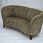 1960s, Danish curved 2-seater sofa, green furniture velour, beech wood.
