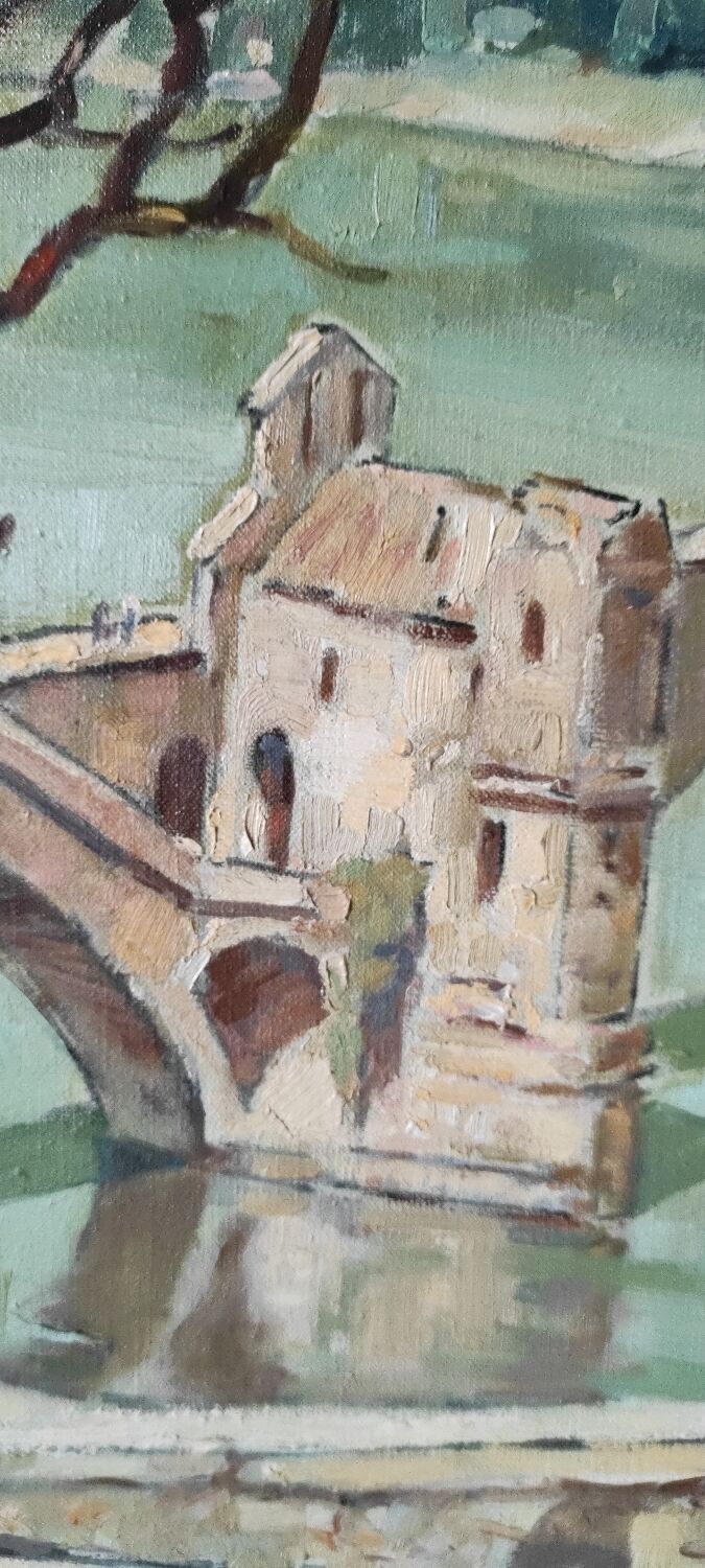 Painting The Avignon Bridge impressionist landscape Oil on canvas 30s 40s