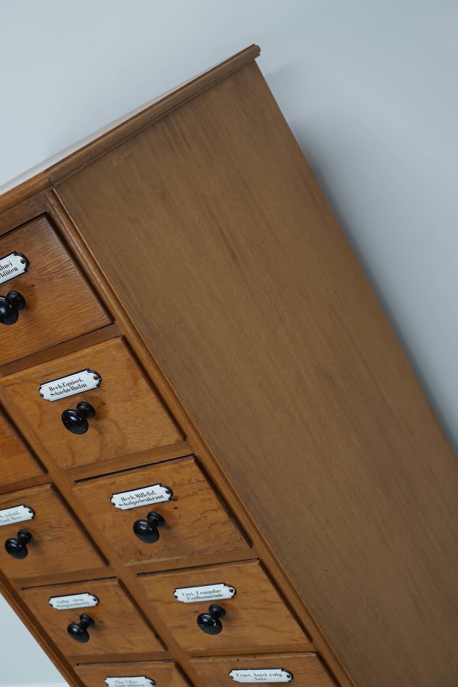 German Oak Apothecary Cabinet with Enamel Shields, 1940s