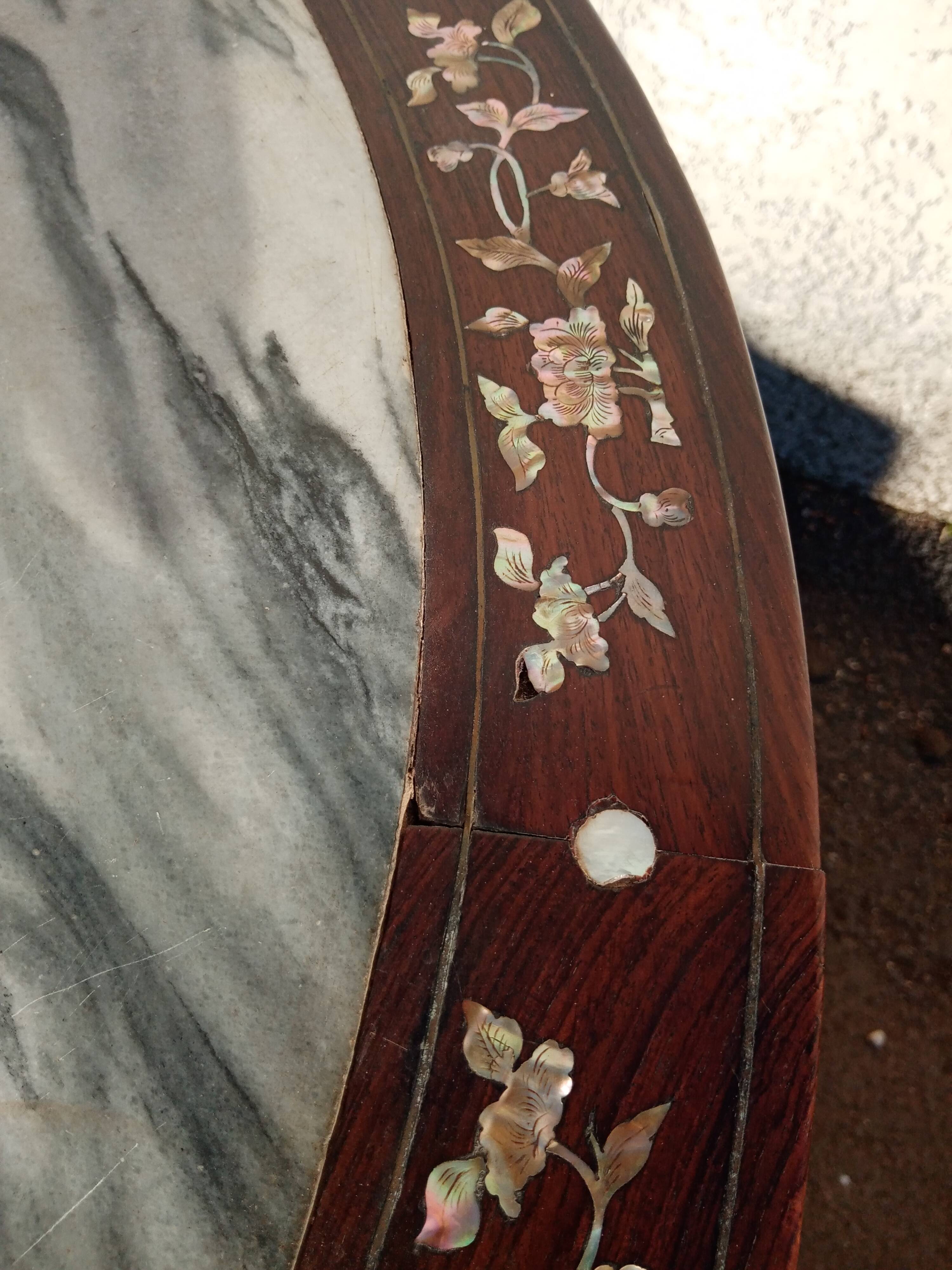 19th century Asian pedestal table with mother-of-pearl and brass inlay