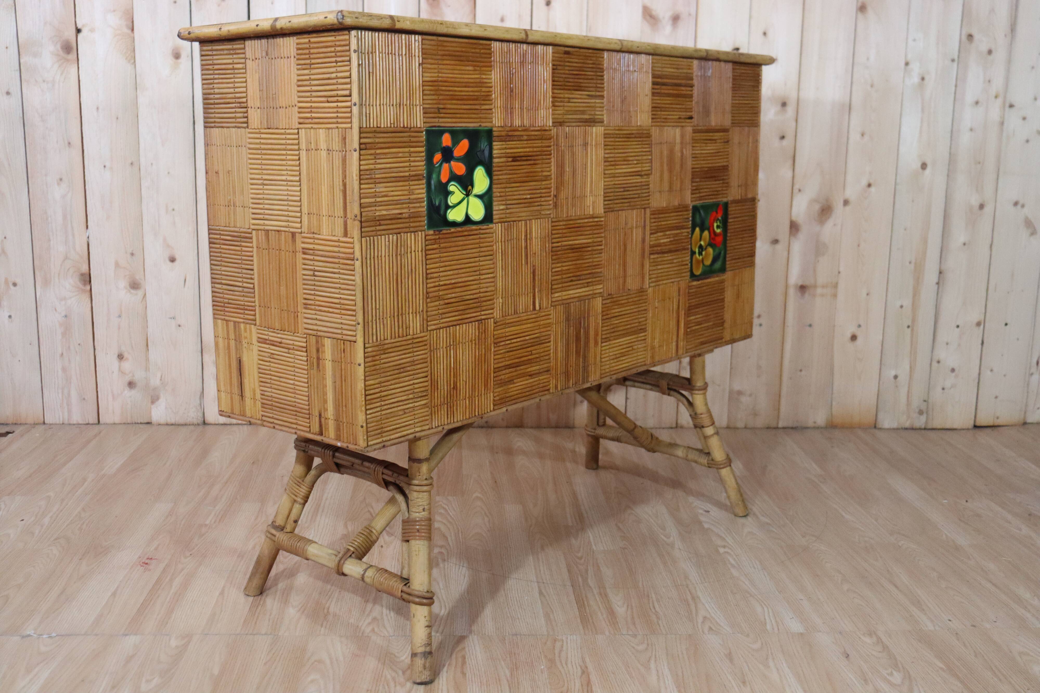 Rattan & ceramic bar attributed to Audoux Minet