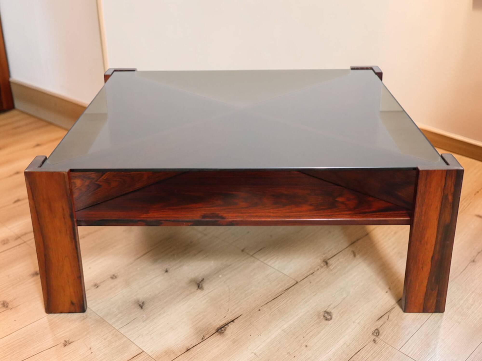 Scandinavian coffee table Mobelintarsia – Rosewood & smoked glass – 1960s