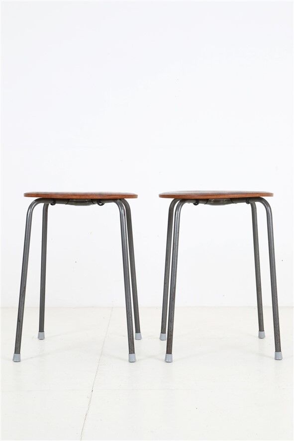 Set of 2 mid-century stools / teak / steel / Danish industrial design / 1960s