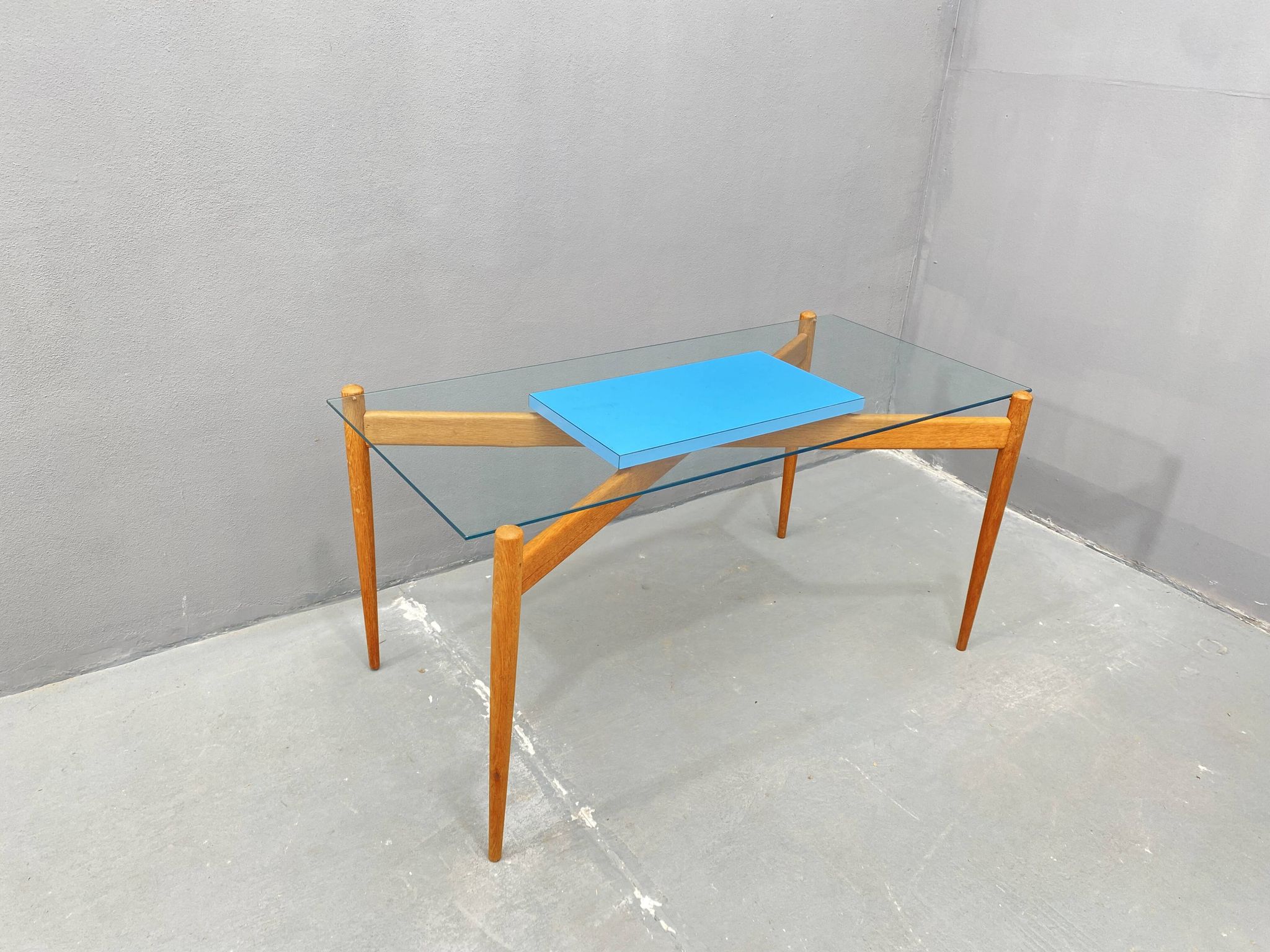 Glass coffee table with a wooden frame, 1960s, Czechoslovakia.