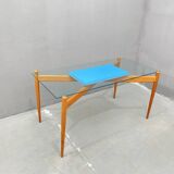 Table basse en verre avec cadre en bois, années 1960, Tchécoslovaquie