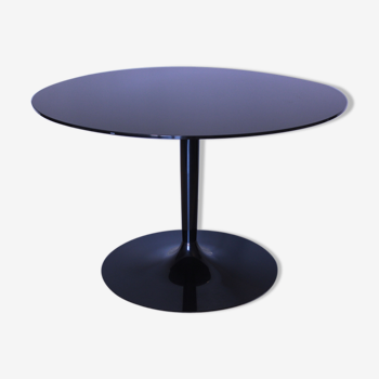 Table ronde en verre noir miroir, Italia1980s signé Calligaris