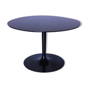 Table ronde en verre noir miroir,