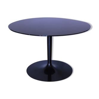 Table ronde en verre noir miroir, Italia1980s signé Calligaris