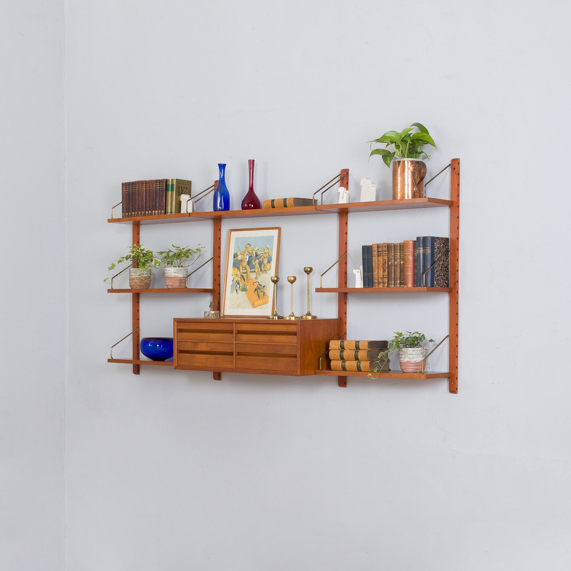 Poul Cadovius Teak dresser Wall Unit With a chest of drawers And 7 Shelves, Denmark 1960s