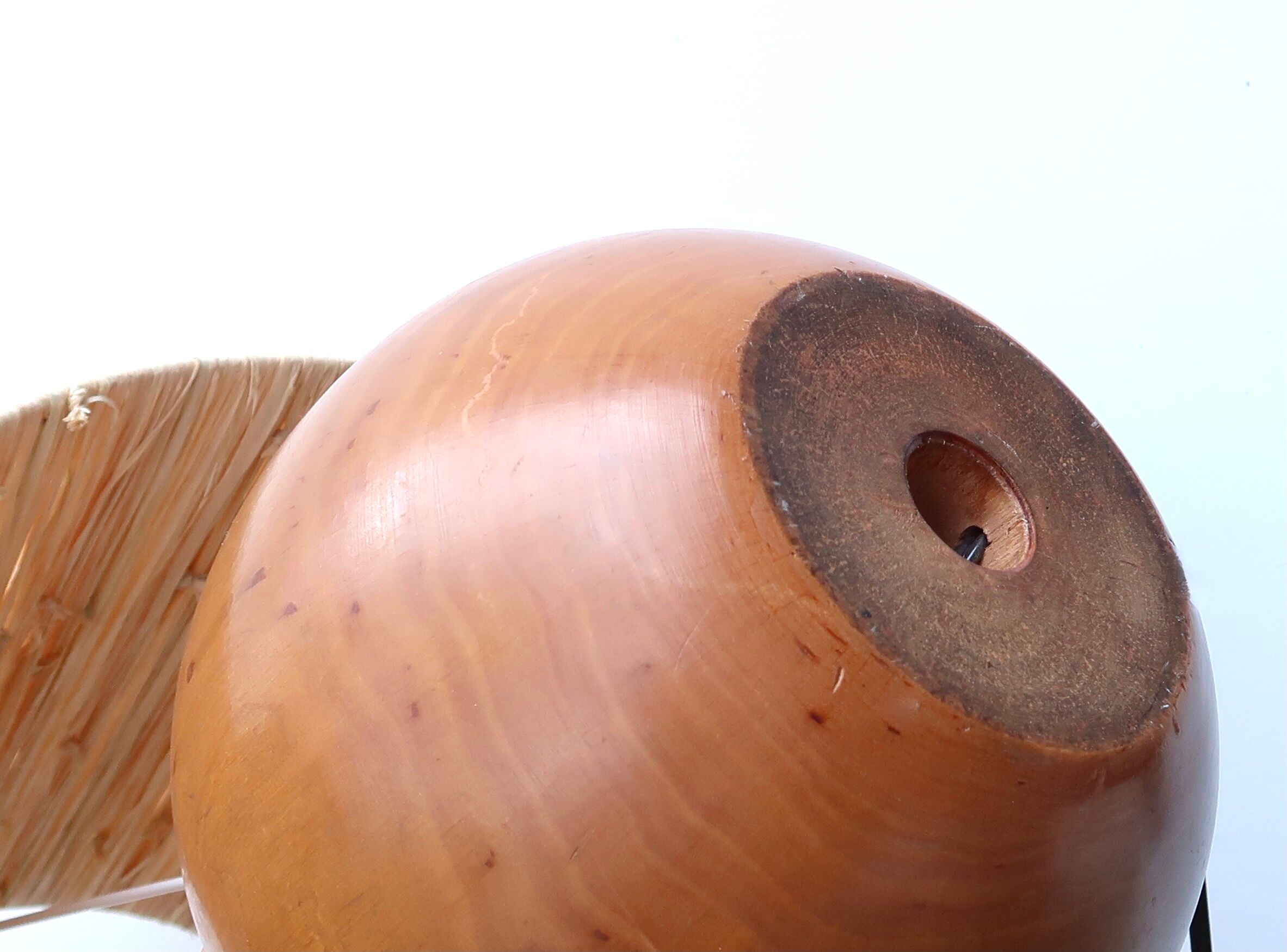 Wooden ball lamp with raffia lampshade 70s