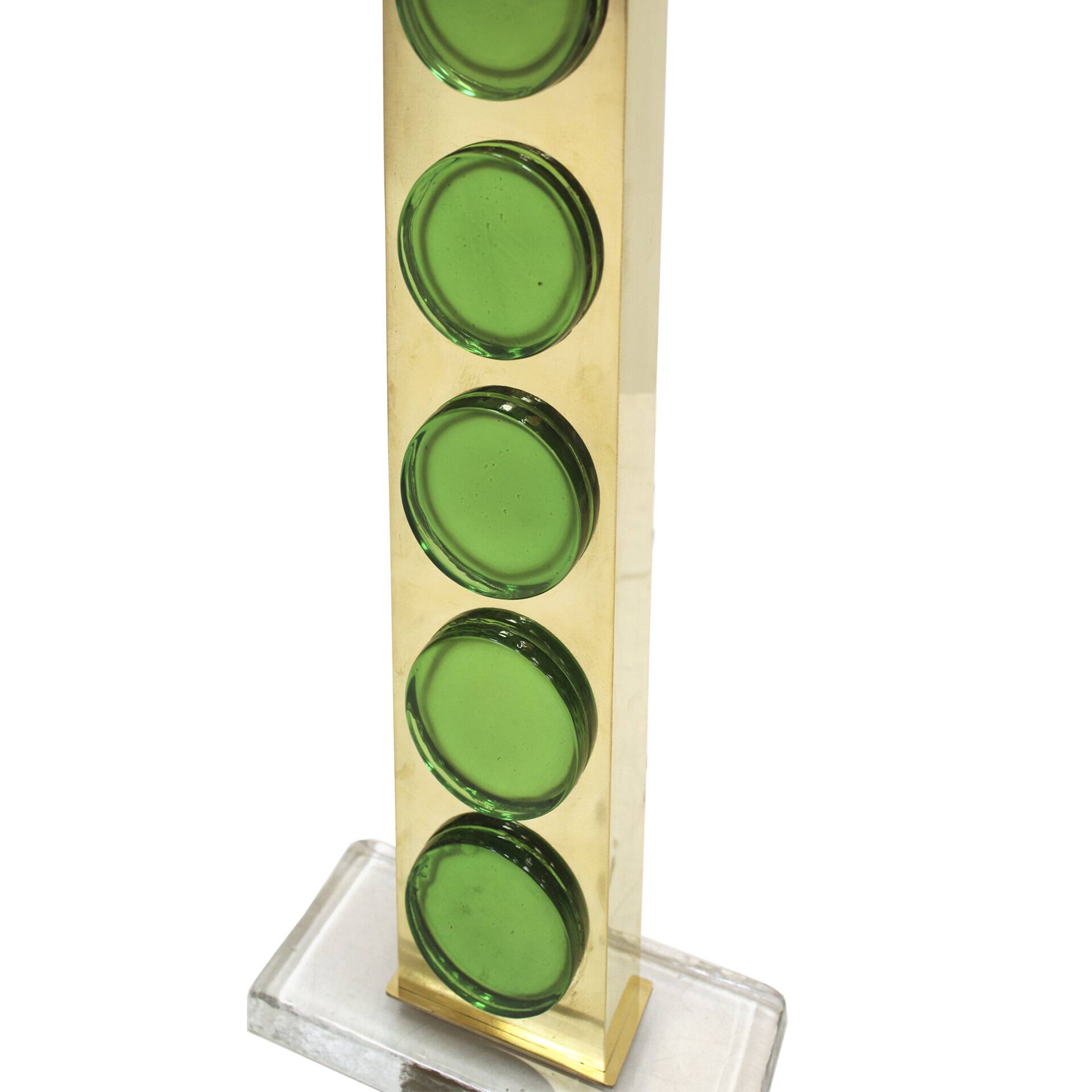 Mid Modern Style Pair of Brass Italian Table Lamps with Green Murano Glass