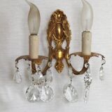 Pair of antique 2-light wall sconces in bronze with crystal pendants, Spain.
