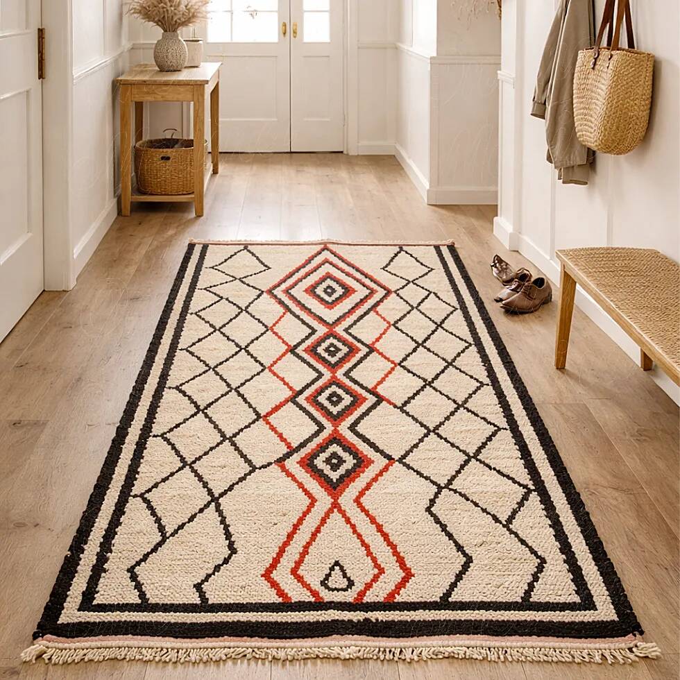 Ecru Berber rug with diamond patterns in structured Atlas style.