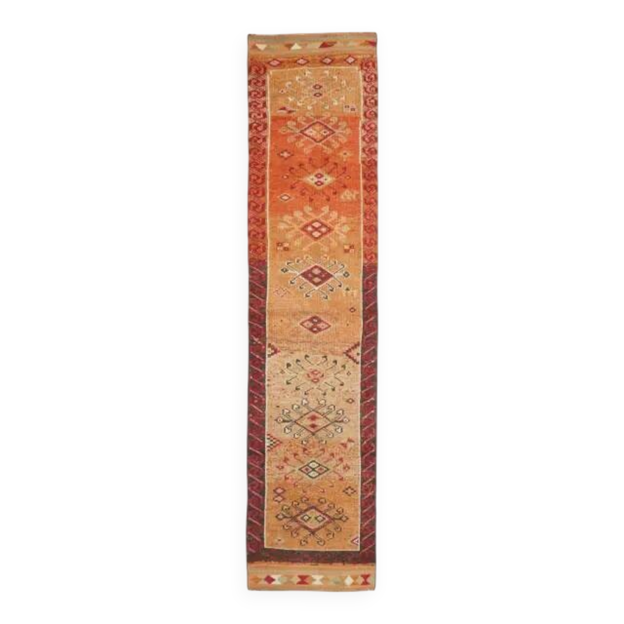 Tapis coureur vintage en laine et coton turc noué à la main orange 82x382