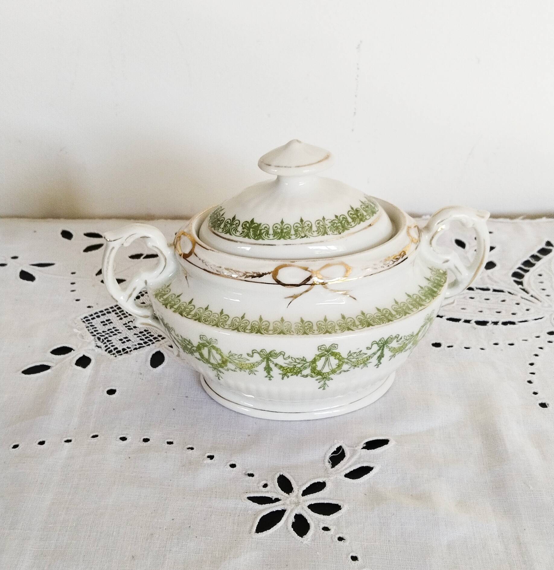 Antique green and gold English porcelain sugar bowl