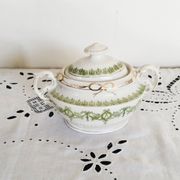 Antique green and gold English porcelain sugar bowl