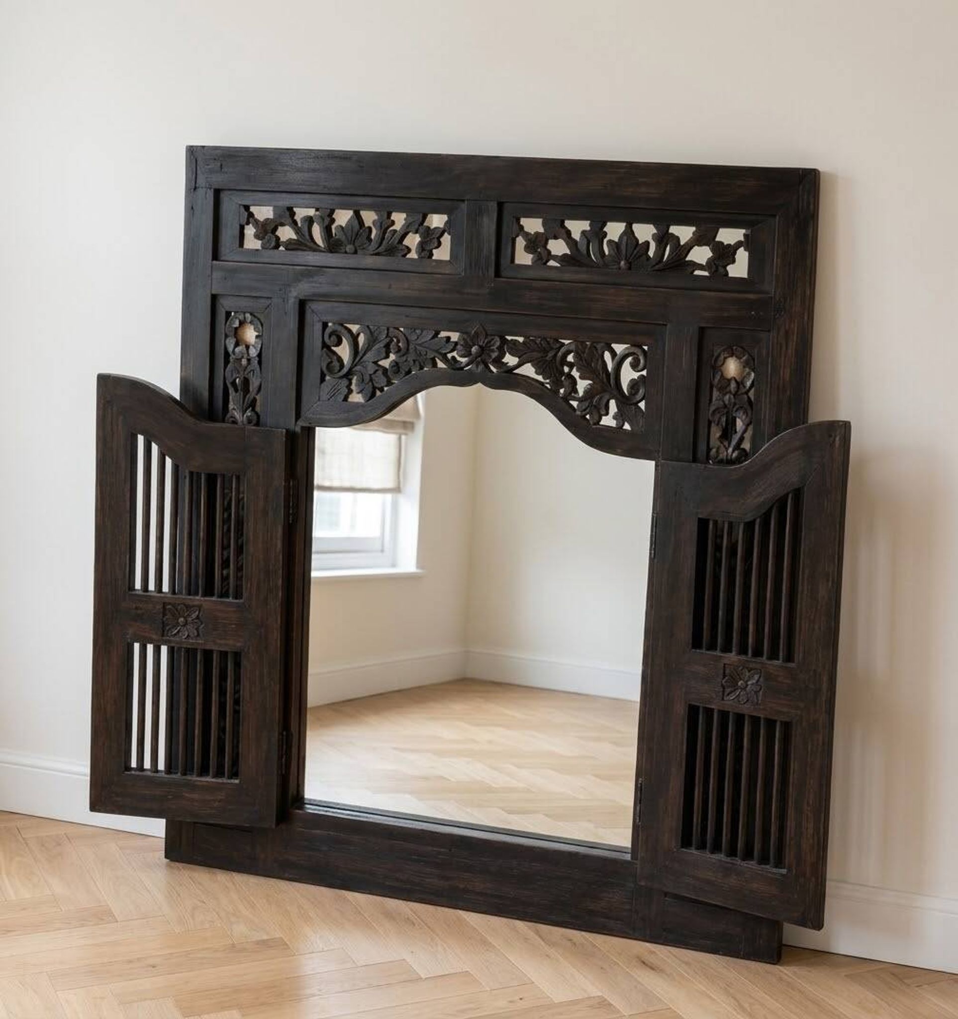 Miroir colonial en bois massif ébène 90 cm