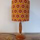 Mid-century wooden table lamp, retro-pop saffron print