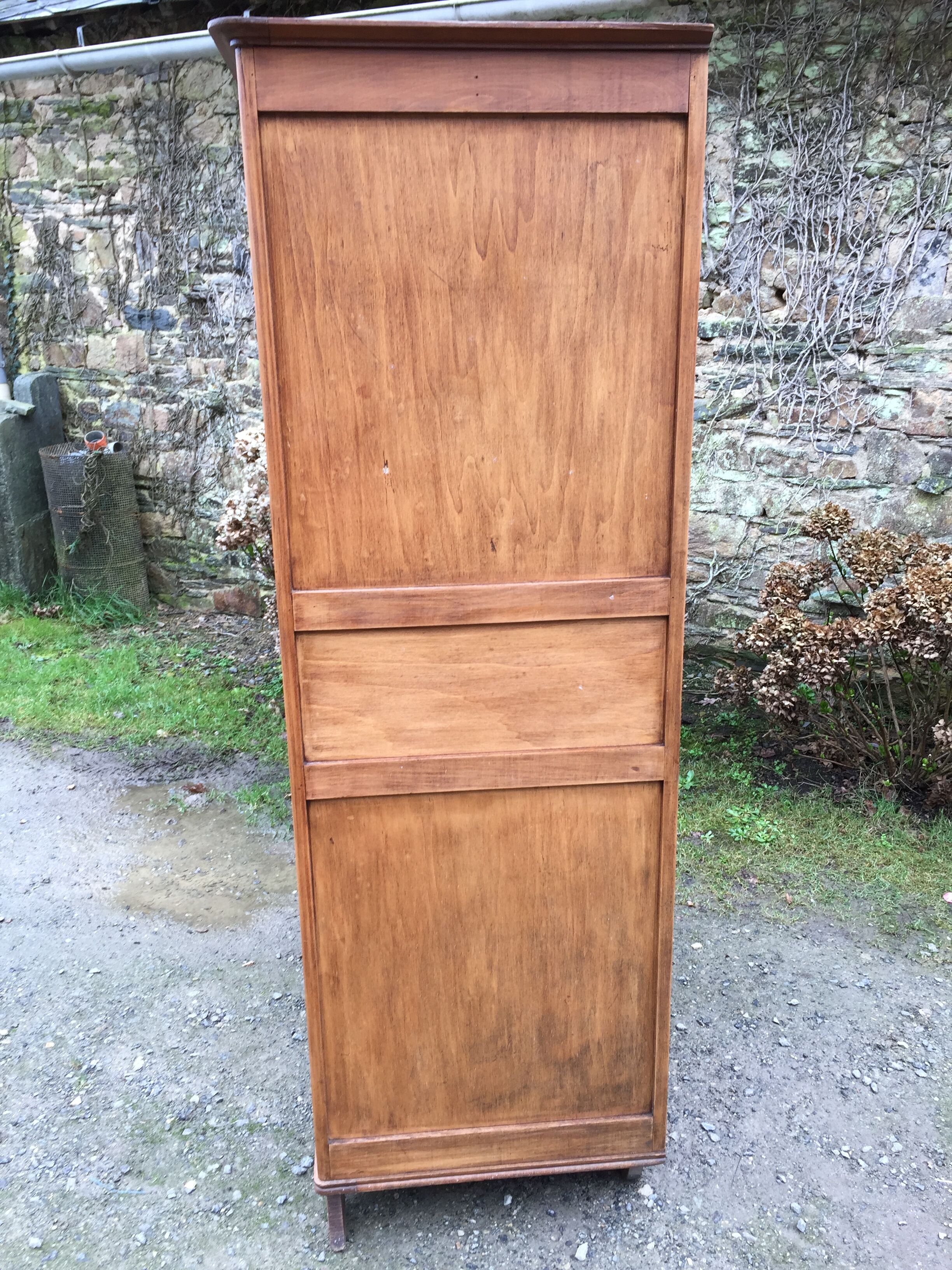 Vintage oak compass foot cabinet with 2 sliding doors painted red and blue