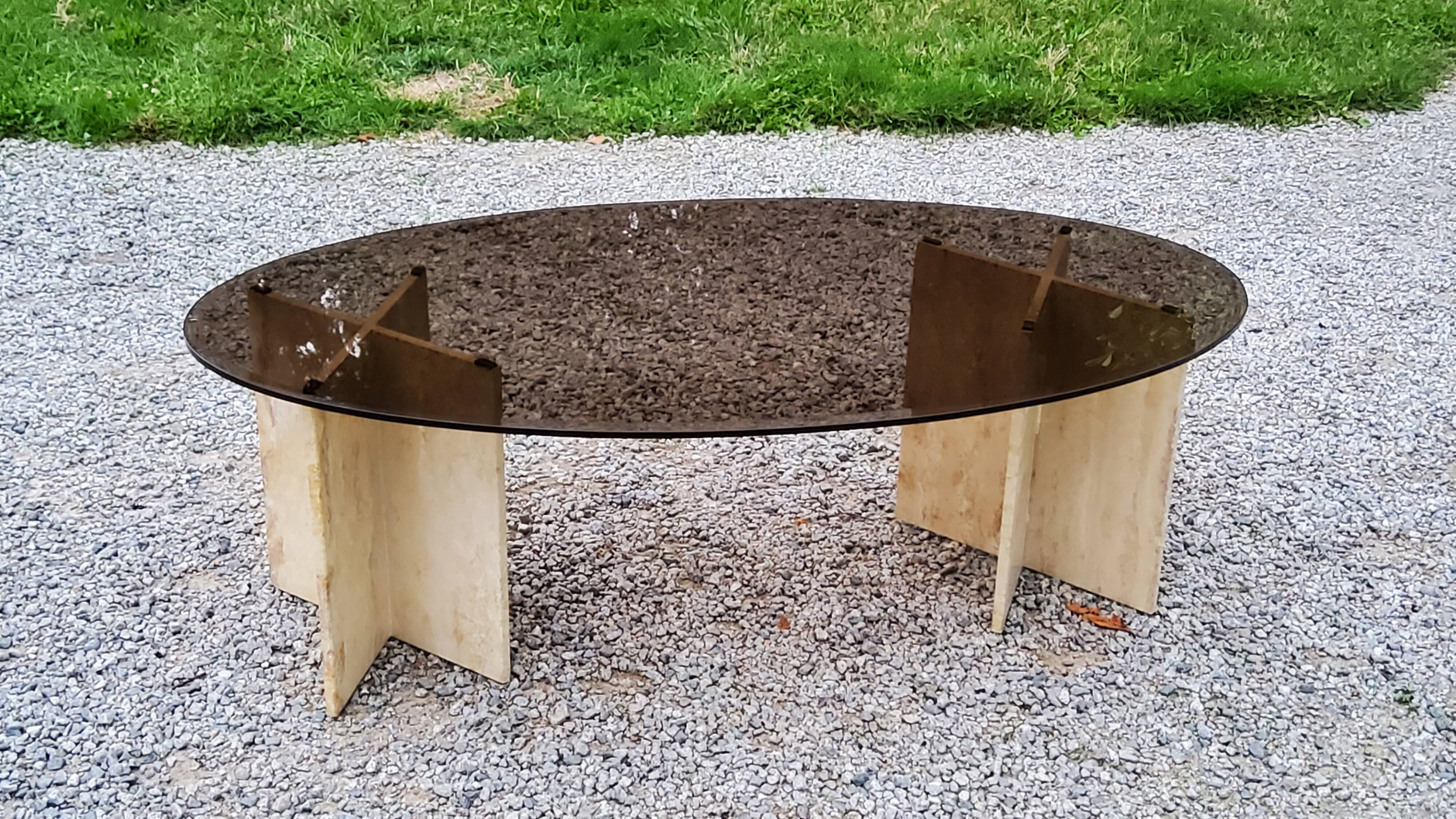 70s travertine and smoked glass designer coffee table