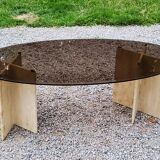 Table basse design en travertin et verre fumé des années 70