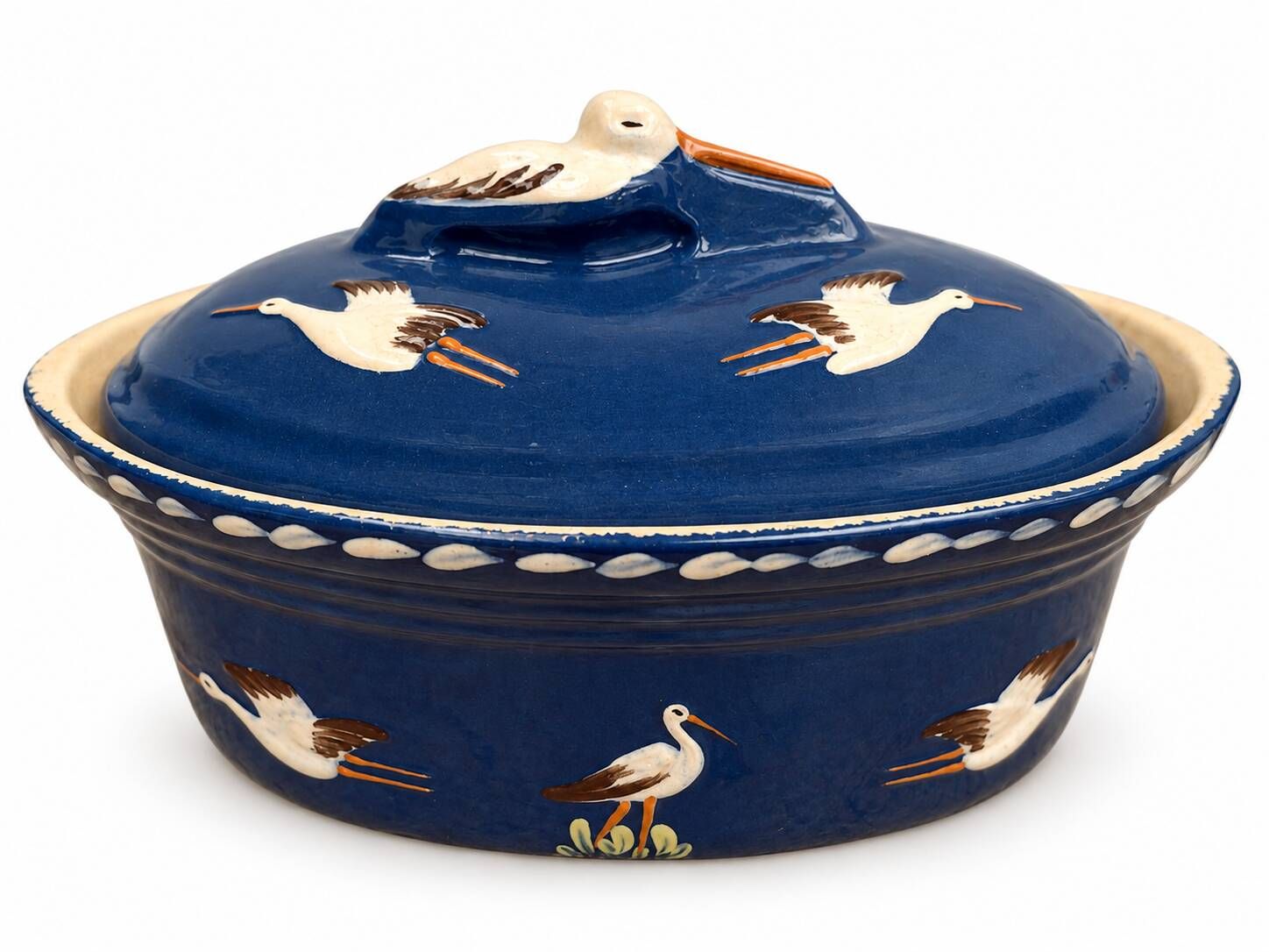 Large Alsatian terrine from Soufflenheim in blue with stork decoration – 41 cm