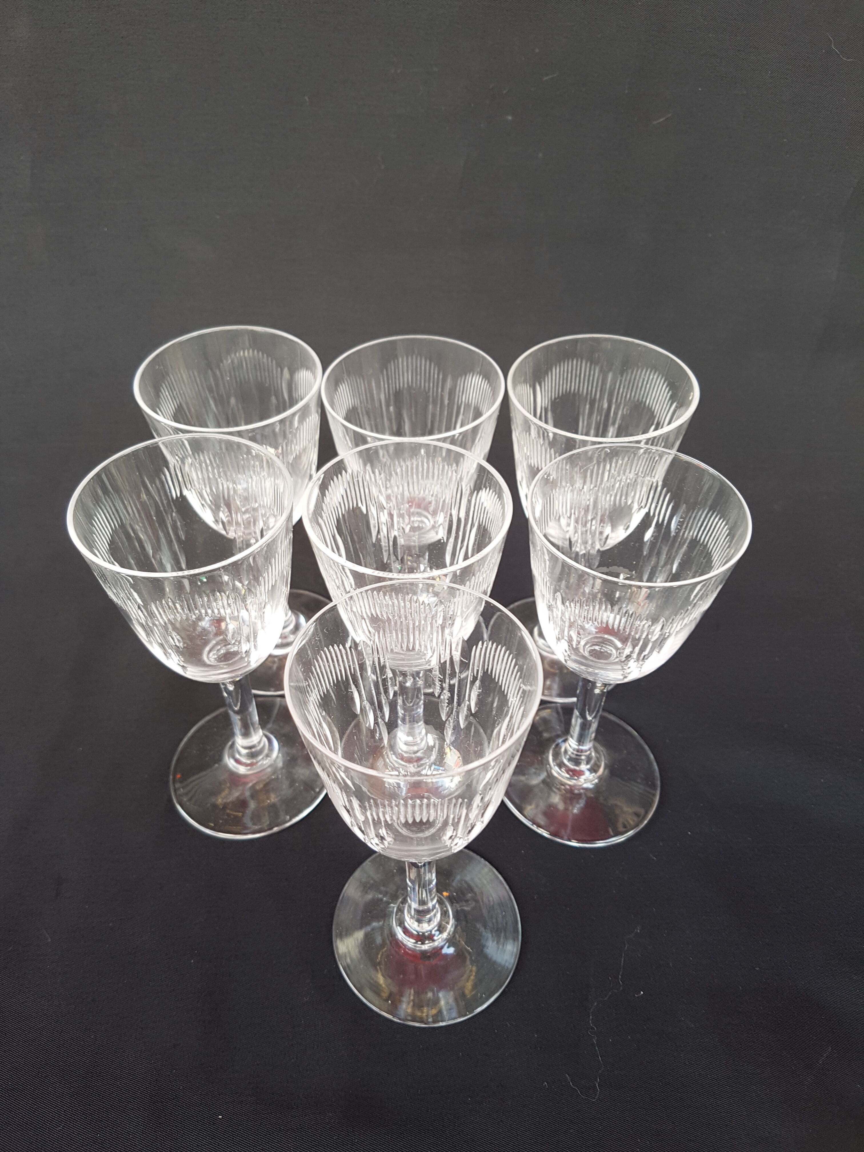 7 Bacccarat crystal port glasses, Molière model, circa 1920.