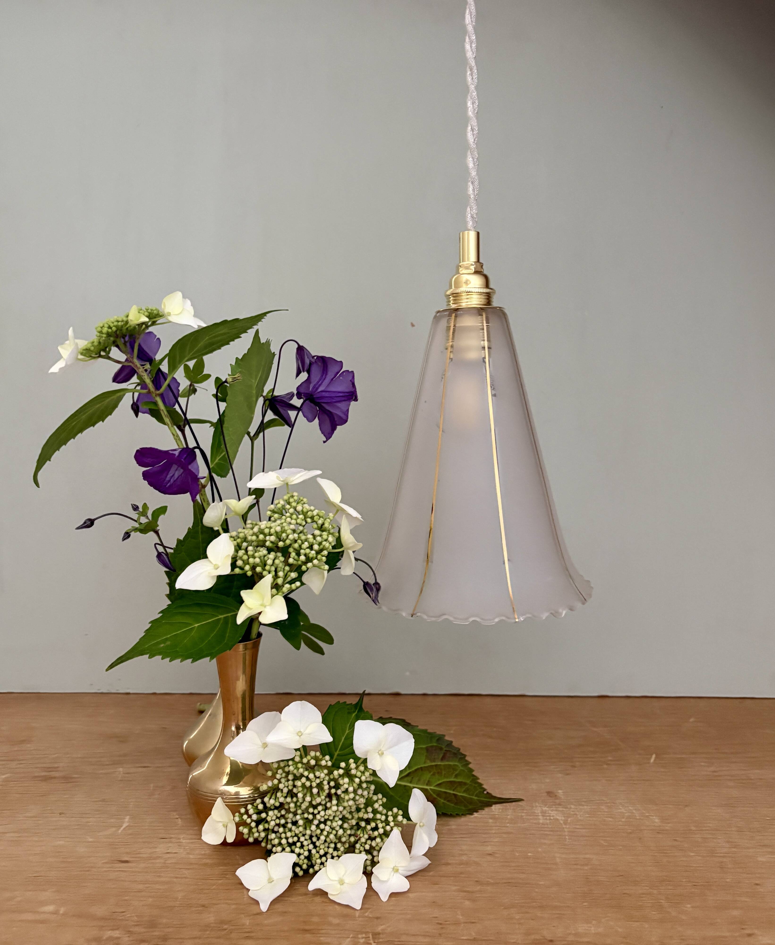 Vintage tulip pendant light in white and gold frosted glass