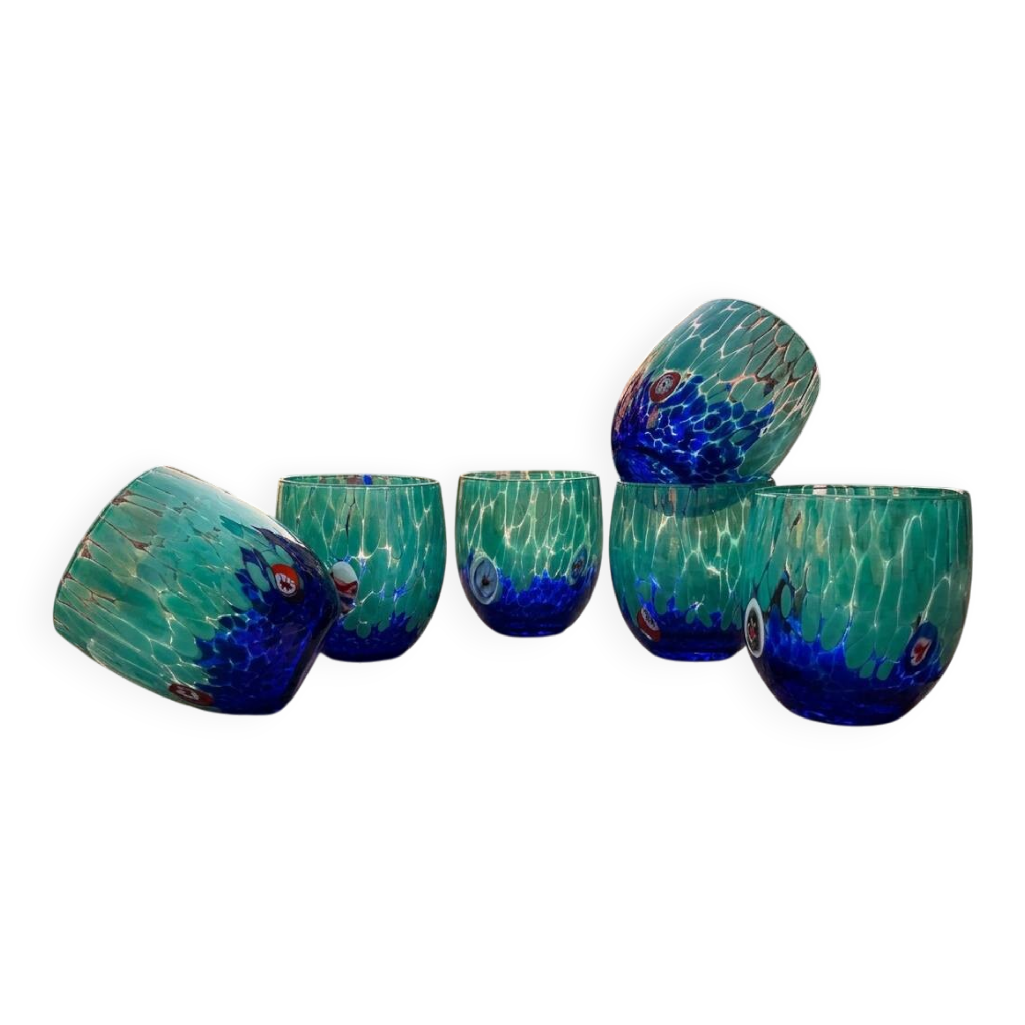 Set of 6 blown glass glasses from Venice with Effetre Murano murrine.