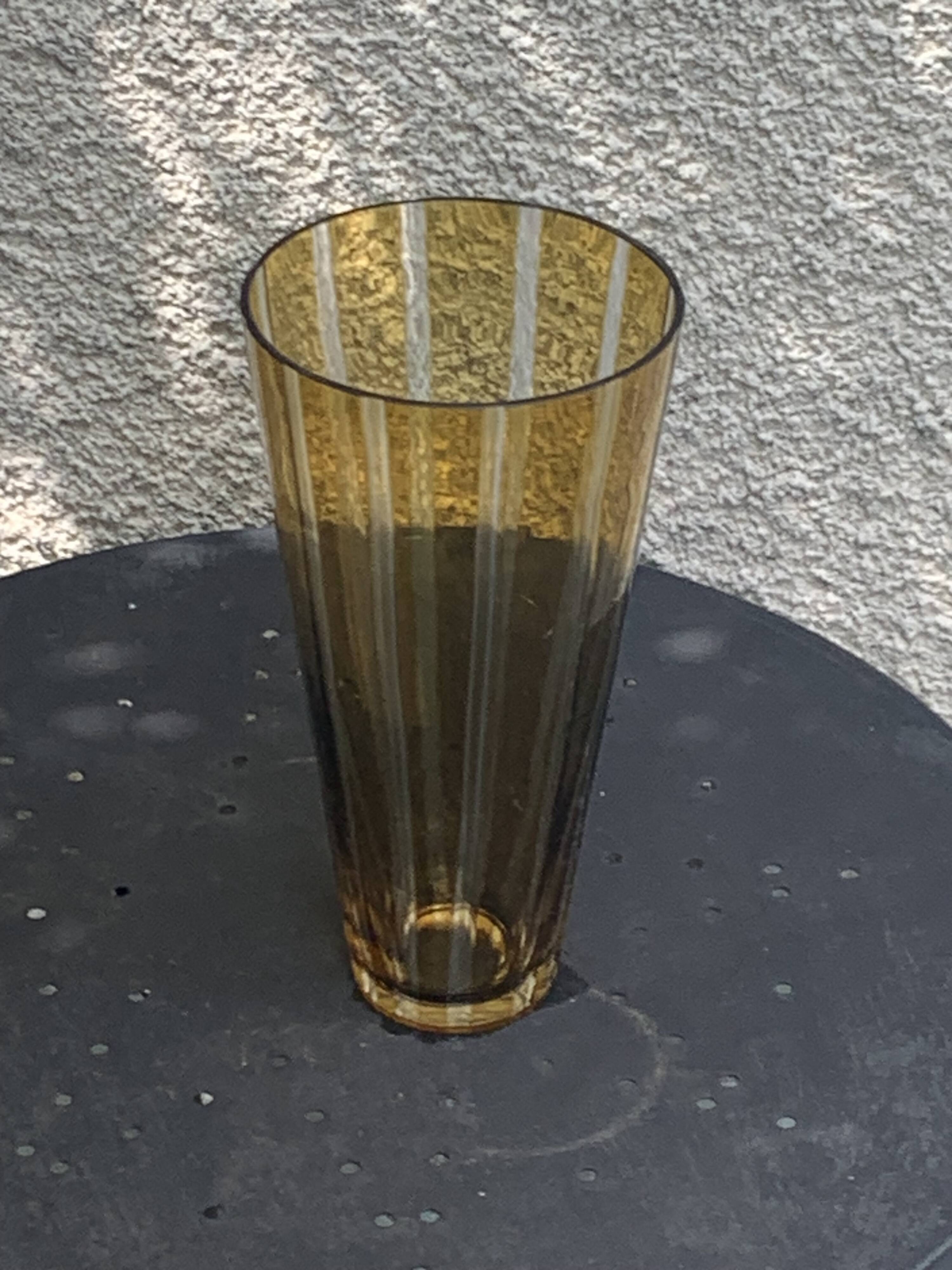Bayadere patterned vase in glass, transparent and vintage ochre