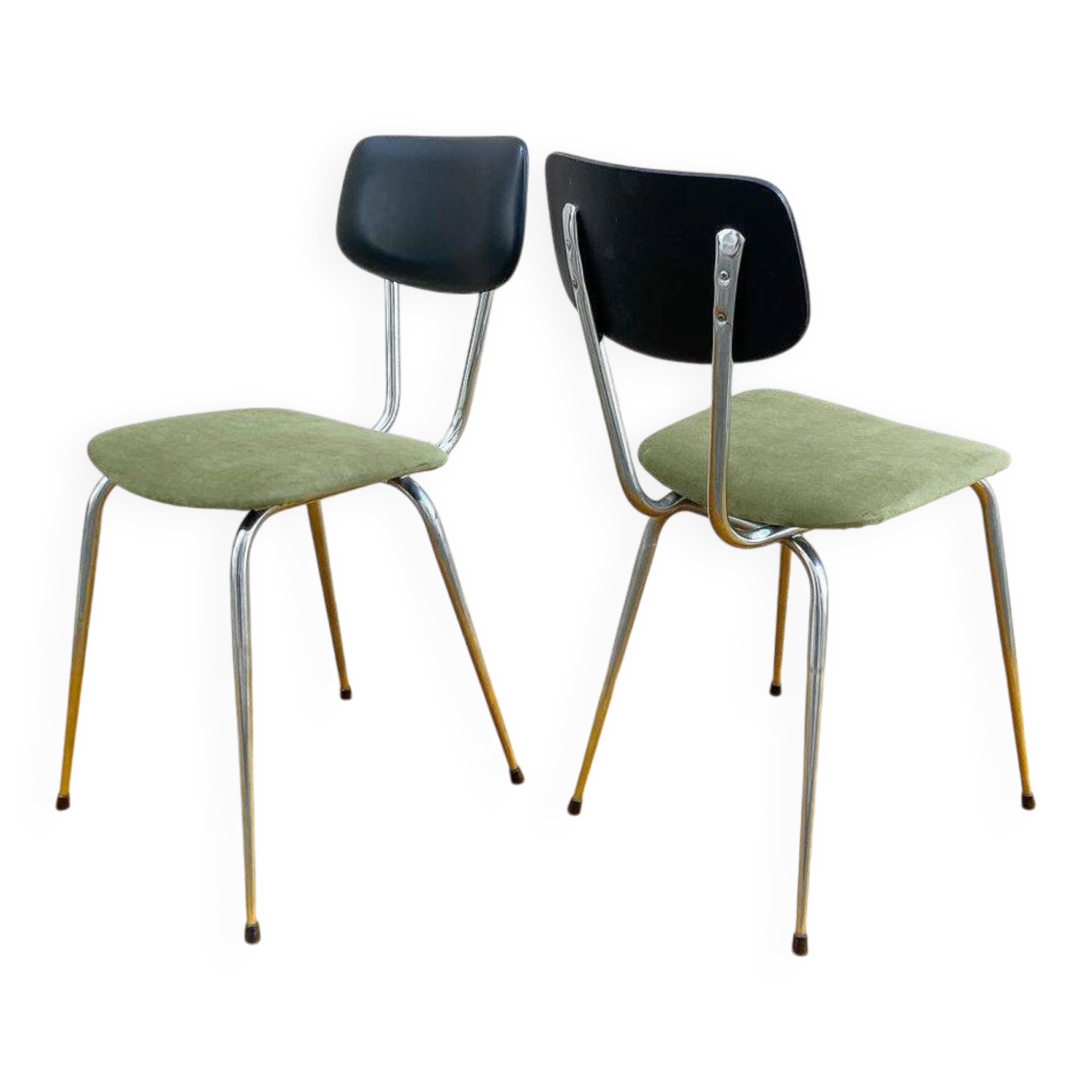 Pair of chrome metal, black leatherette and green velvet chairs, 1970s